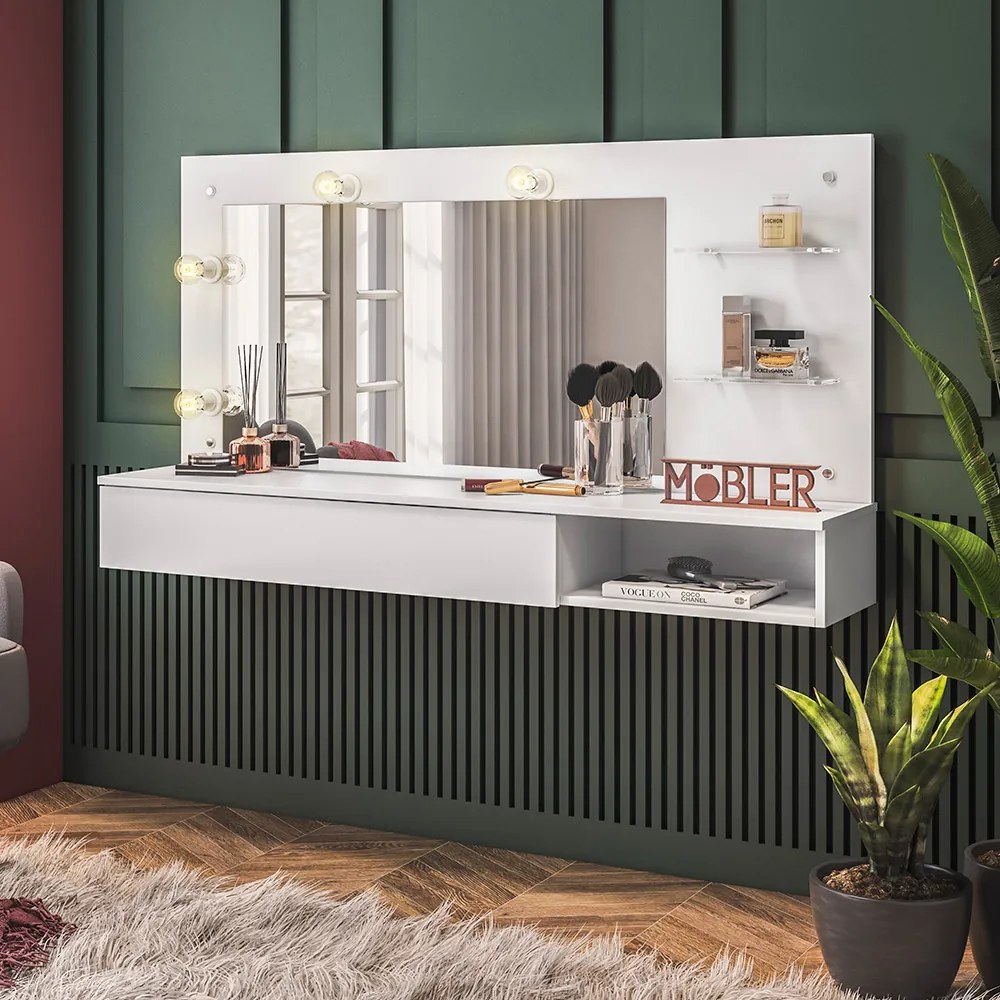 Penteadeira Camarim Suspenso Arlete com Espelho 01 Gaveta 135 cm Branco M04 - D'Rossi