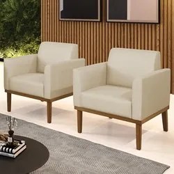 Poltrona Base Madeira Castanho Kit 2 Maressa Veludo Luxo Off White - I