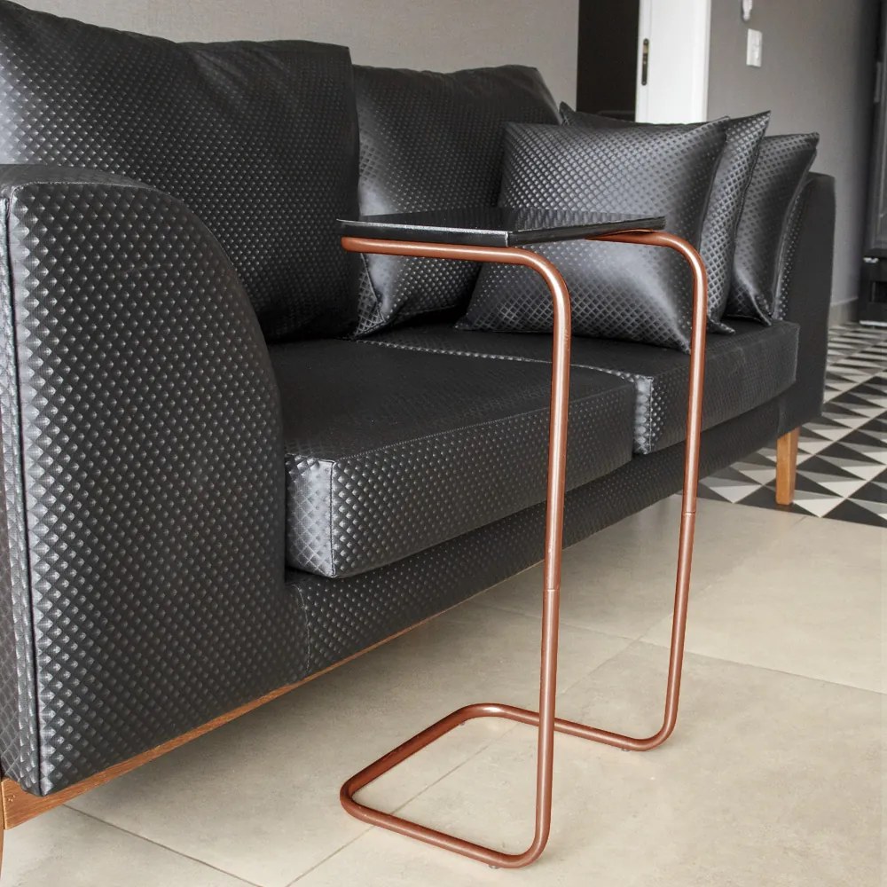 Mesa Lateral Tampo Multiuso Para Sofá Base Bronze - D'Rossi - Preto