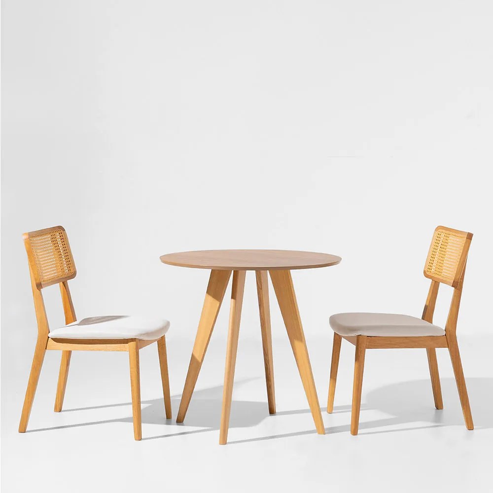 Conjunto Mesa Square Redonda 80cm - Louro Freijó + 2 Cadeiras Lalá Palha Natural - Plot Cru