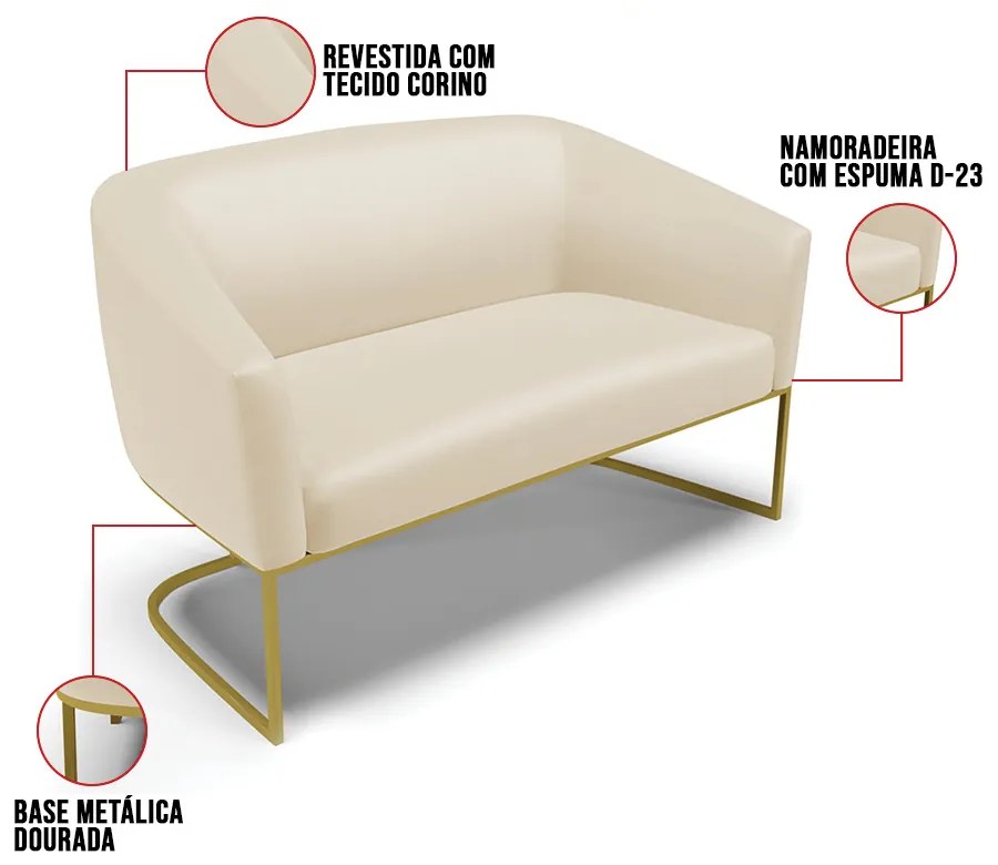 Sofá 2 Lugares Namoradeira Industrial Dourado Stella Sintético Bege D03 - D'Rossi