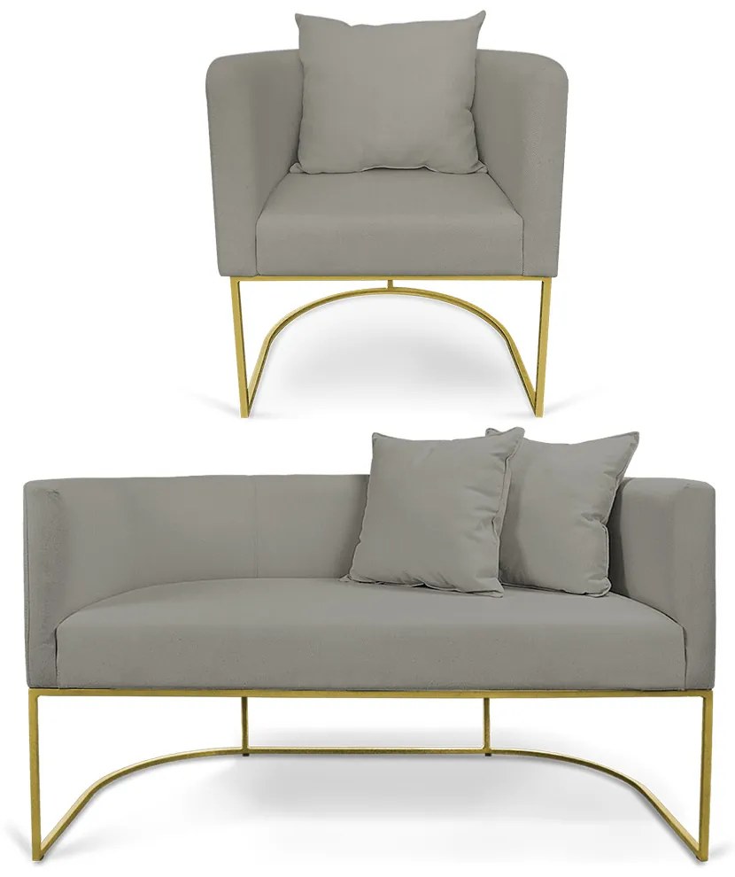 Kit 01 Namoradeira 02 Lugares e 01 Poltrona Paola Linho Base Metálica Dourado D03 - D'Rossi - A26 Grafite