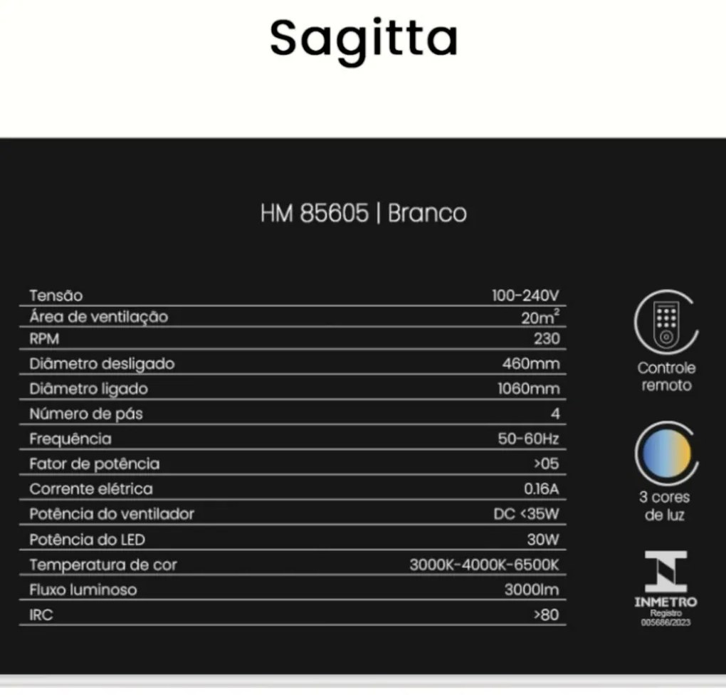 Ventilador De Teto Sagitta Branco Pás Retrátil Led 30W Multicolor Bivo...