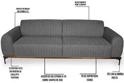 Sofá 150cm 2 Lugares Pés Preto Molino C-416 Linho Cinza - Domi