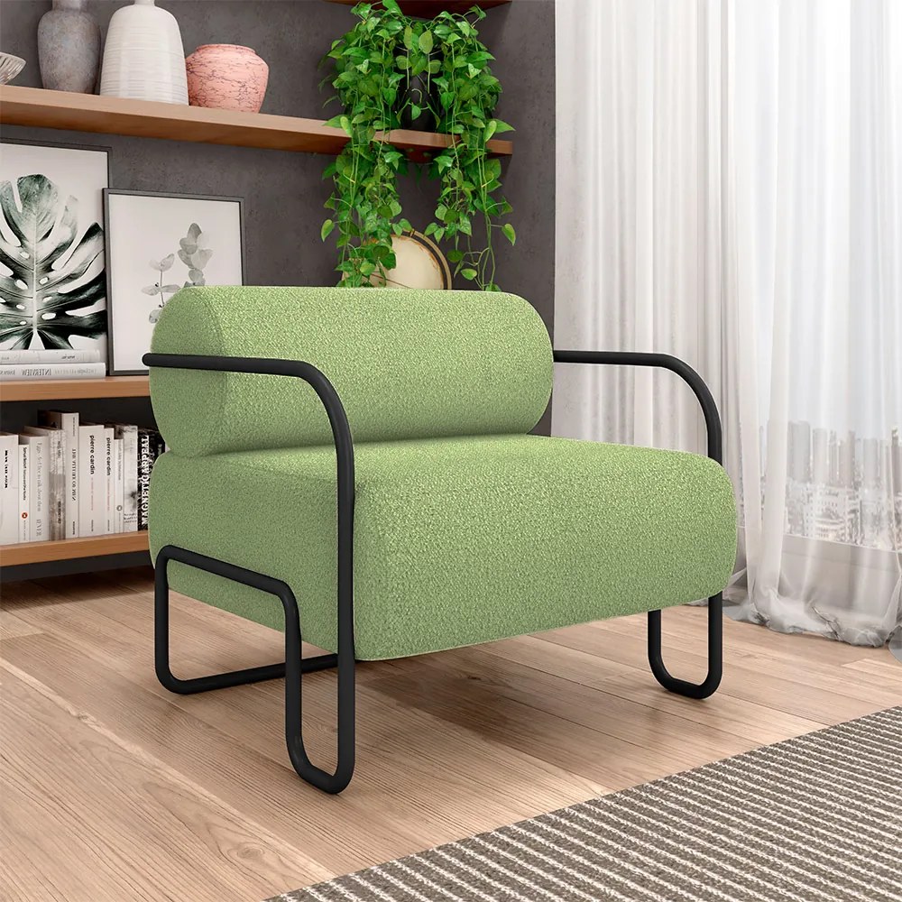 Kit 2 Poltronas Decorativas Sala de Estar Polatsk Base Industrial de Ferro Bouclê Verde Oliva G33 - Gran Belo