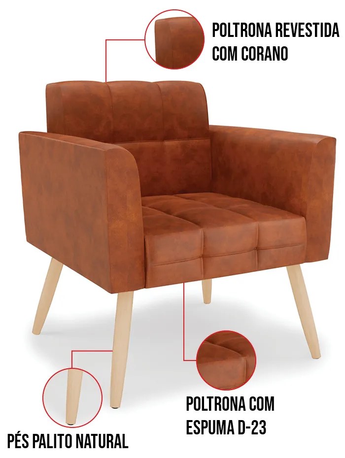 Kit 1 Sofá Namoradeira e 2 Poltronas Elisa Corano Pés Palito Natural D03 - D'Rossi - Nozes
