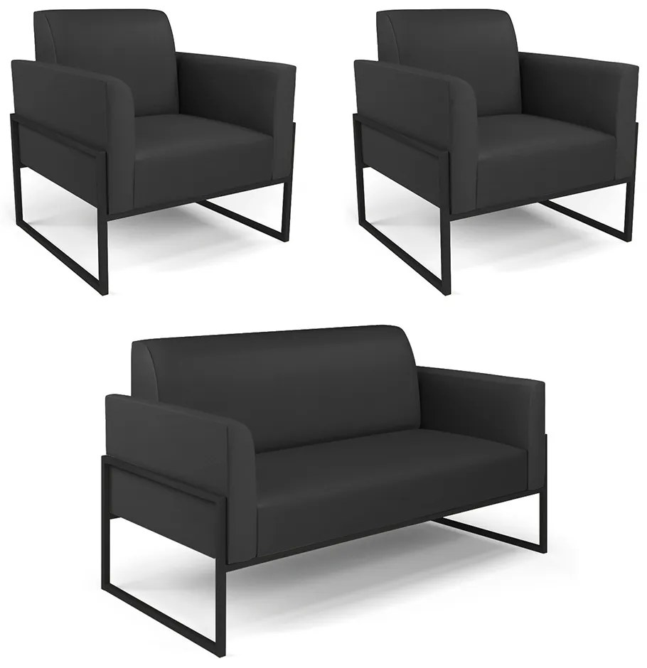 Sofá Namoradeira com 2 Poltronas Base Industrial Alta Preto Marisa Corino D03 - DRossi - Preto