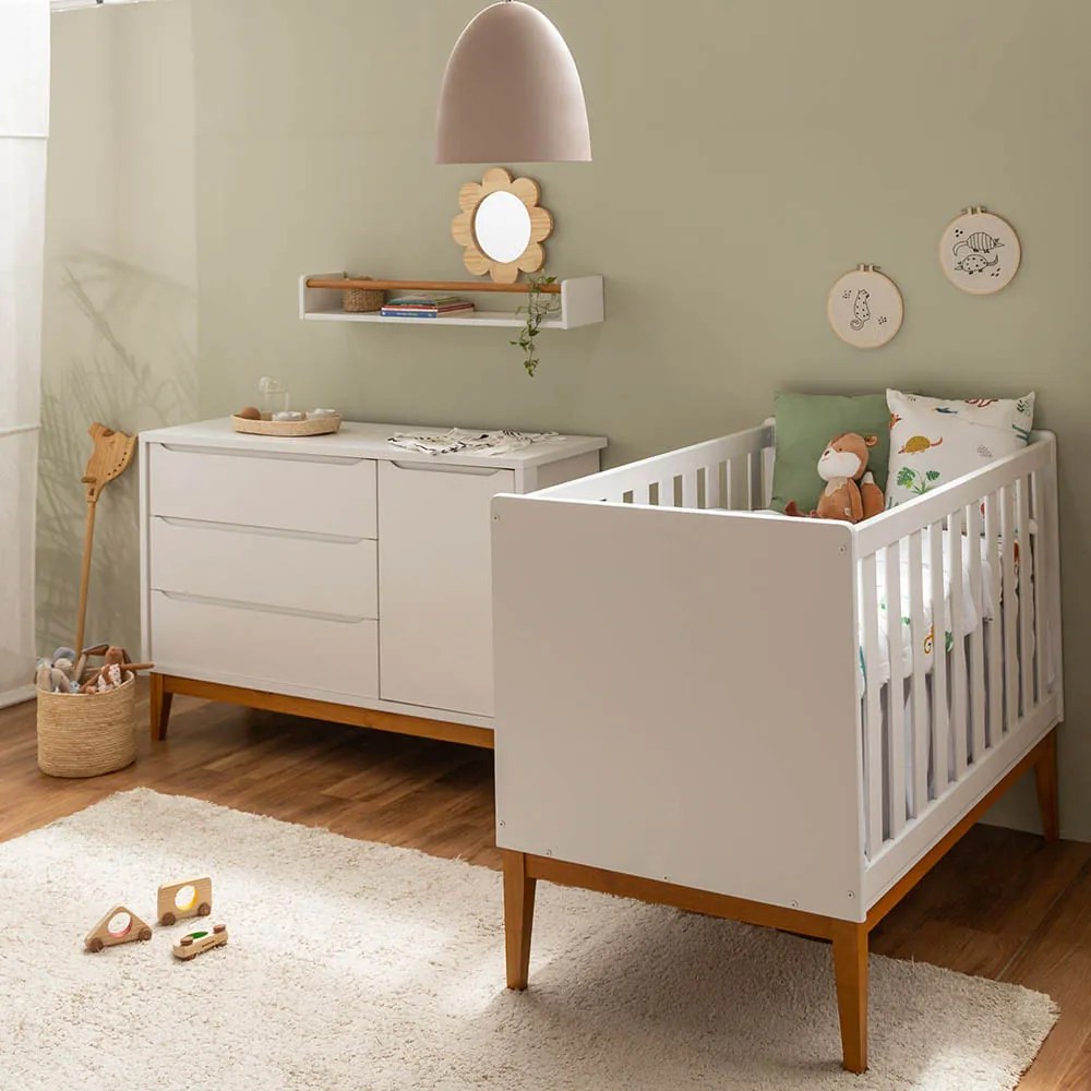 Kit Quarto Theo com Pés Square Mel - Berço + Cômoda 3 Gavetas e 1 Porta - Branco