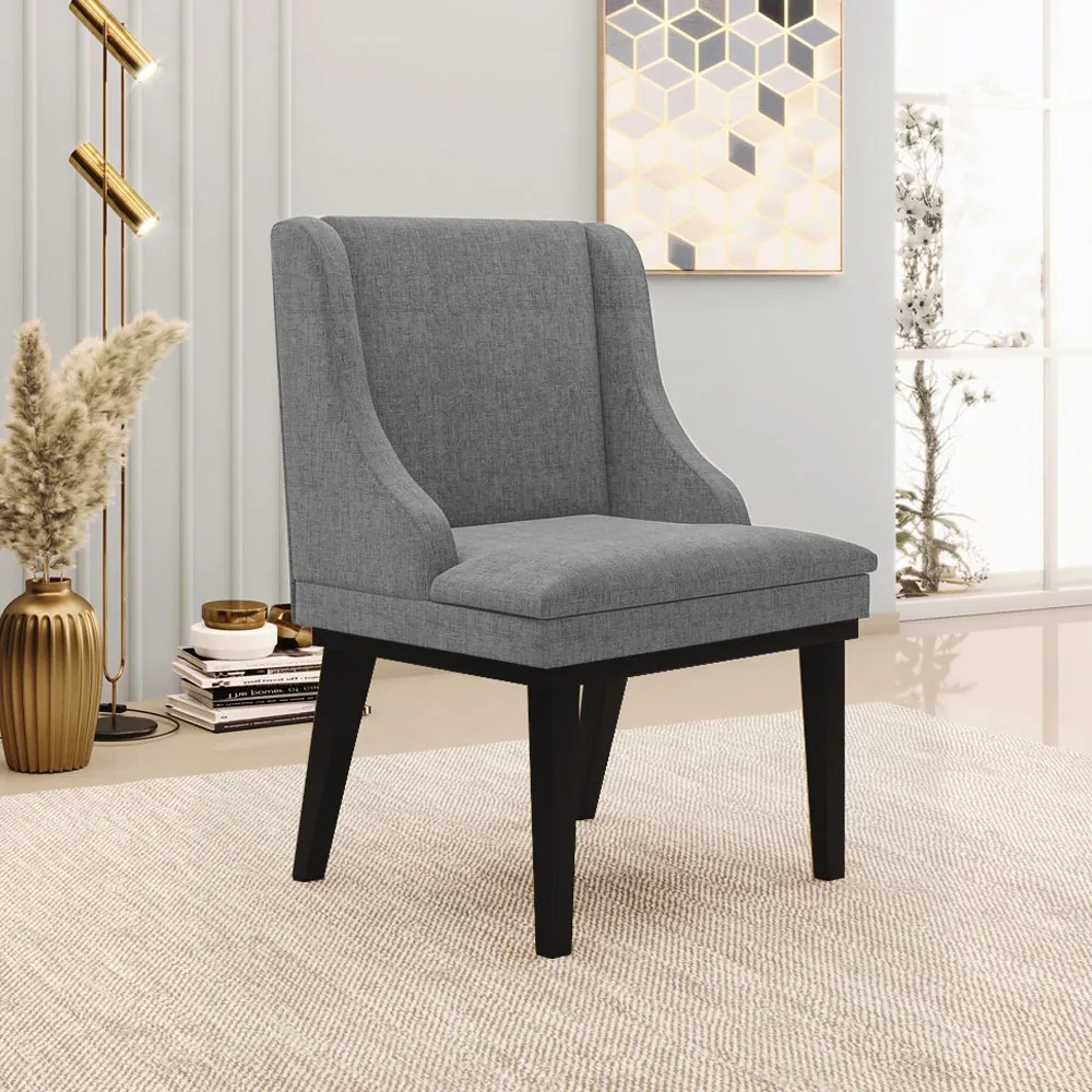 Poltrona Decorativa Base Fixa de Madeira Firenze Linho Grafite/Preto G19 - Gran Belo