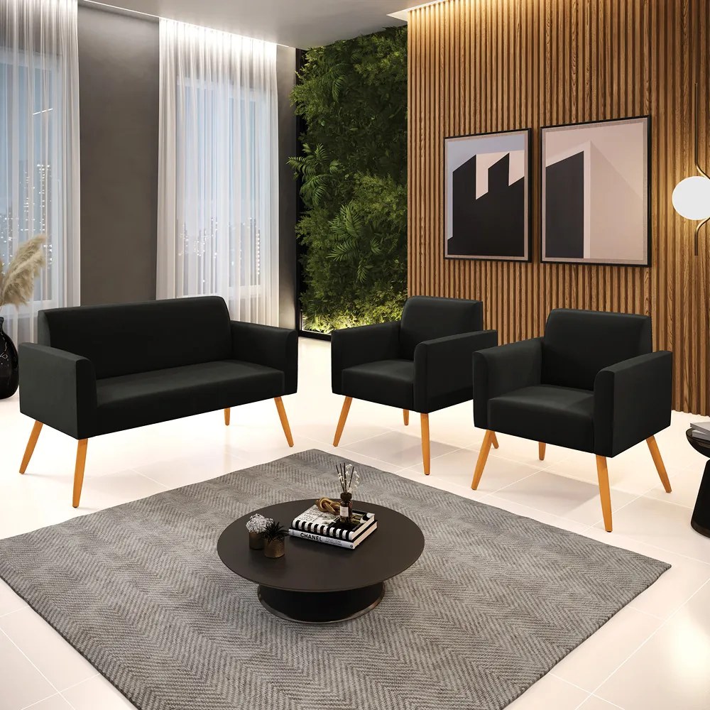 Sofá Namoradeira com 2 Poltronas Pés Palito Castanho Marisa Suede Preto D03 - DRossi