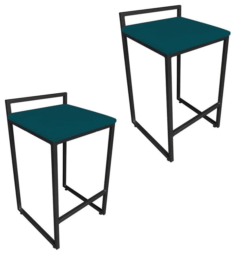 Conjunto 02 Banquetas Pietra Suede Base Preto - Azul Pavão