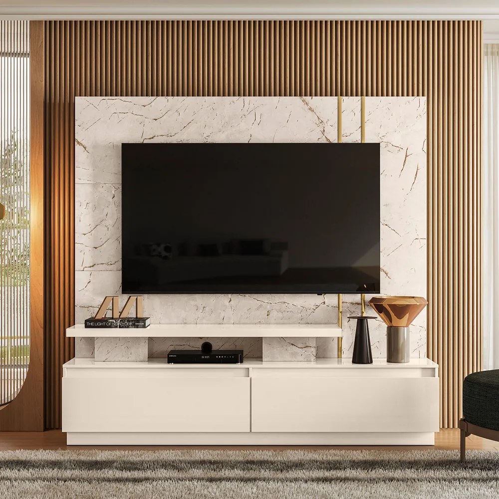 Estante de TV 75 Pol 183cm Sala de Estar Belora M20 - D'Rossi  - Calacata e Off White