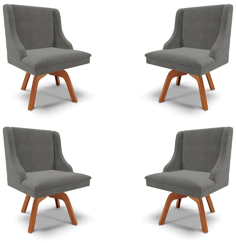Kit 4 Cadeiras Decorativas Sala de Jantar Base Giratória de Madeira Firenze Suede Grafite/Natural G19 - Gran Belo