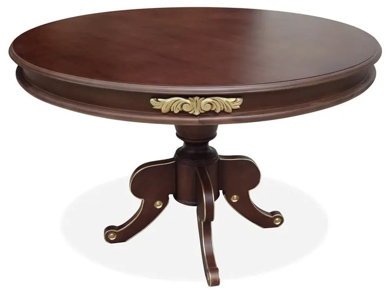 Mesa de Jantar Francesa Luxo Tampo Redondo e Pedestal com Pés Esculpidos em Madeira Maciça Eucalipto com Detalhes em Folha de Ouro