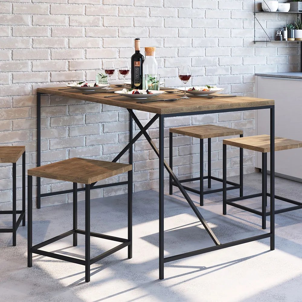 Conjunto Mesa de Jantar com 04 Banquetas Baixa Steel Quadra Estilo Industrial Vermont e Pés Metálico Preto - D'Rossi