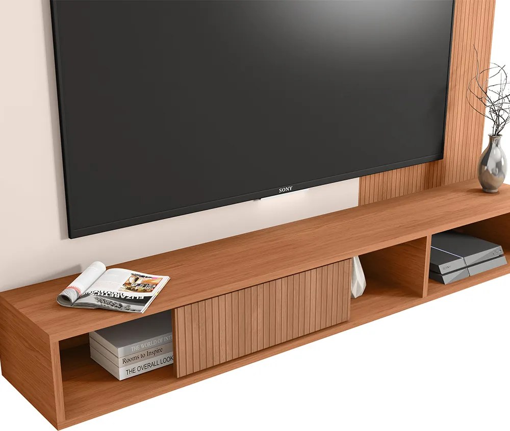 Painel TV 55 Pol 136cm Bancada Suspensa Ripado Kael Freijó/Off White C01 - D'Rossi