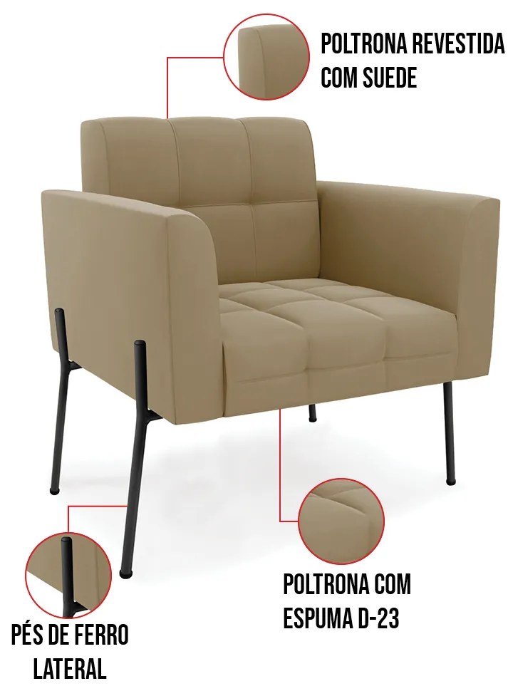 Poltrona Pé de Ferro Preto para Sala Elisa Suede D03 - D'Rossi - Marrom Rato