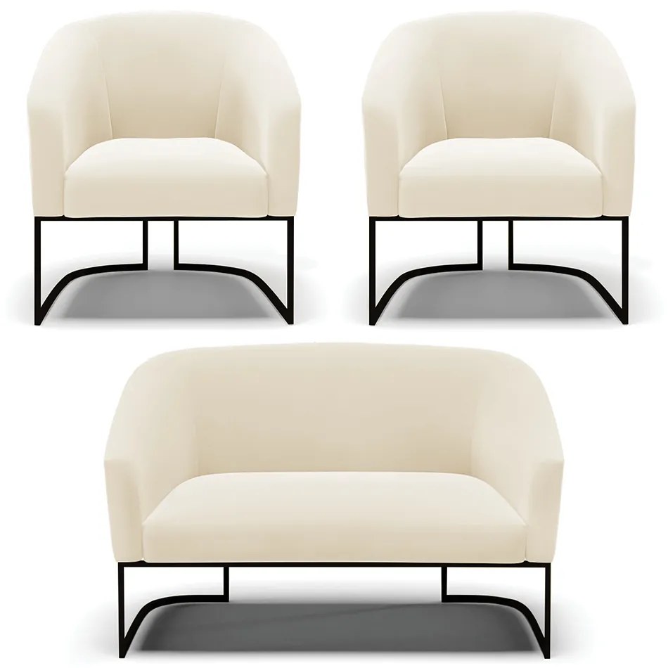 Namoradeira e 2 Poltronas Industrial Preto Stella Suede Bege D03 - D'Rossi