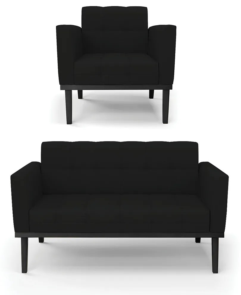 Conjunto Poltrona e Namoradeira Decorativa Karen Pés Fixo em Madeira Preto Linho Preto G19 - Gran Belo
