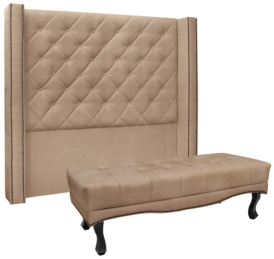Cabeceira Cama Box King 195cm e Recamier Vicenza Suede S04 - D'Rossi - Bege