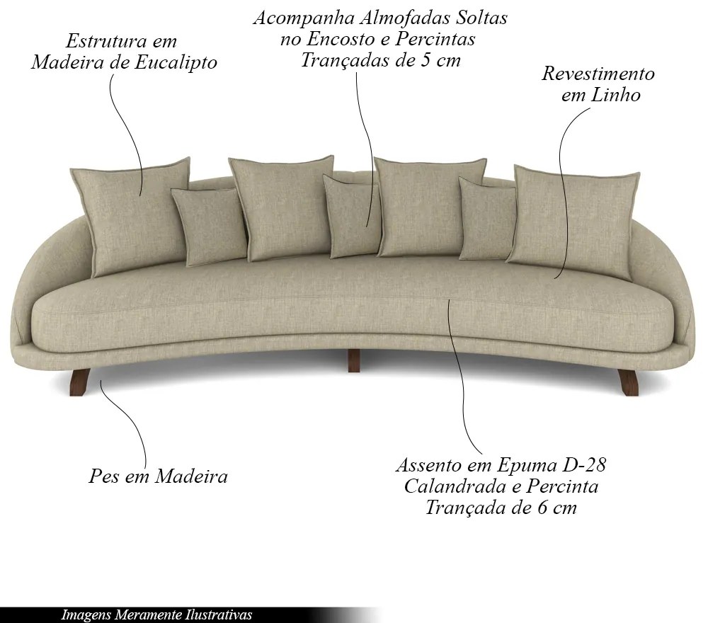 Sofá Living 3 Lugares 265cm Pés Madeira Morales com Almofadas Linho Bege G52 - Gran Belo