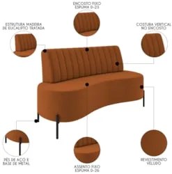 Sofá 2 Lugares 135cm Pés Aço Preto Tamar Z08 Veludo Terracota - Mpozen