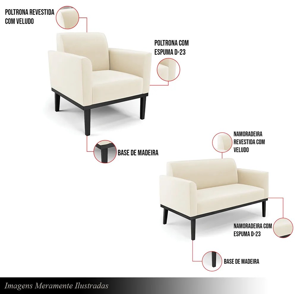 Conjunto Poltrona e Namoradeira Decorativa Isabella Pés Fixo em Madeira Preto Veludo Bege G19 - Gran Belo