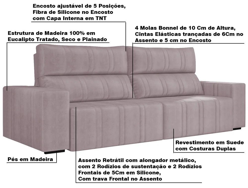 Sofá Retrátil 254 cm Sala de Estar Leonel Suede Rosê G52 - Gran Belo