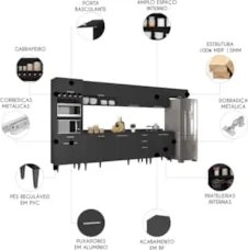 Armário de Cozinha Com Tampo CP06 390cm Pérola Preto Z34      - Mpozen