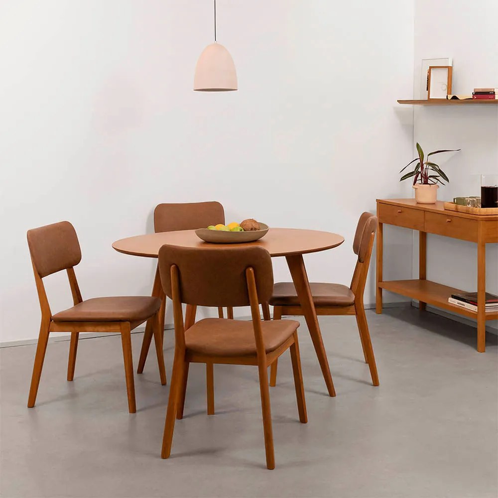 Conjunto Mesa de Jantar Square Laminada Redonda Natural - 1,18cm + 4 Cadeiras Lalá Estofada PU - Cognac