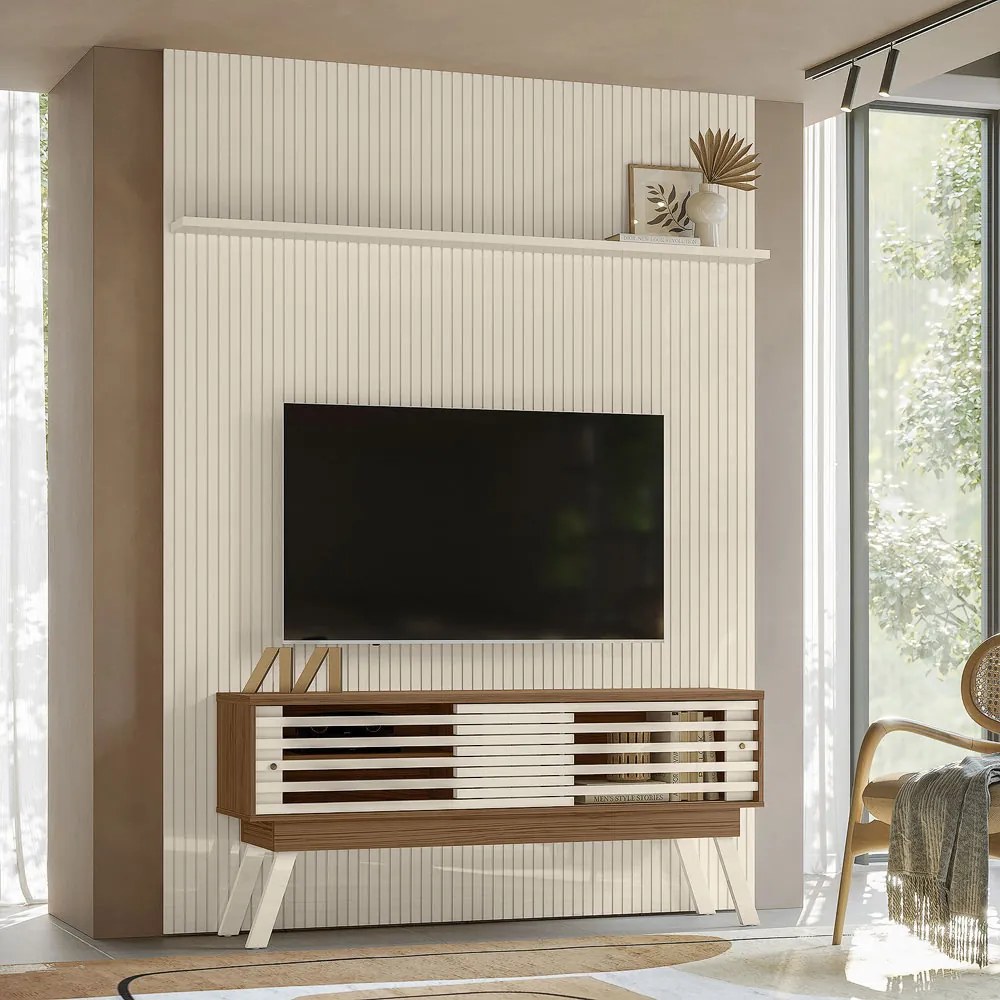 Conjunto Painel com Bancada Tremor 2 Portas Deslizantes 2 Prateleiras MDP até 65 Naturale/OffWhite G97 - Gran Belo
