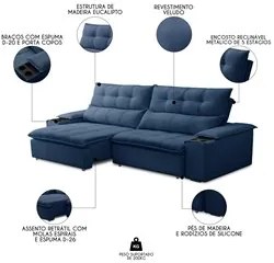 Sofá Retrátil 3 Lugares com Porta Copo 250cm Malta F05 Veludo Azul - M