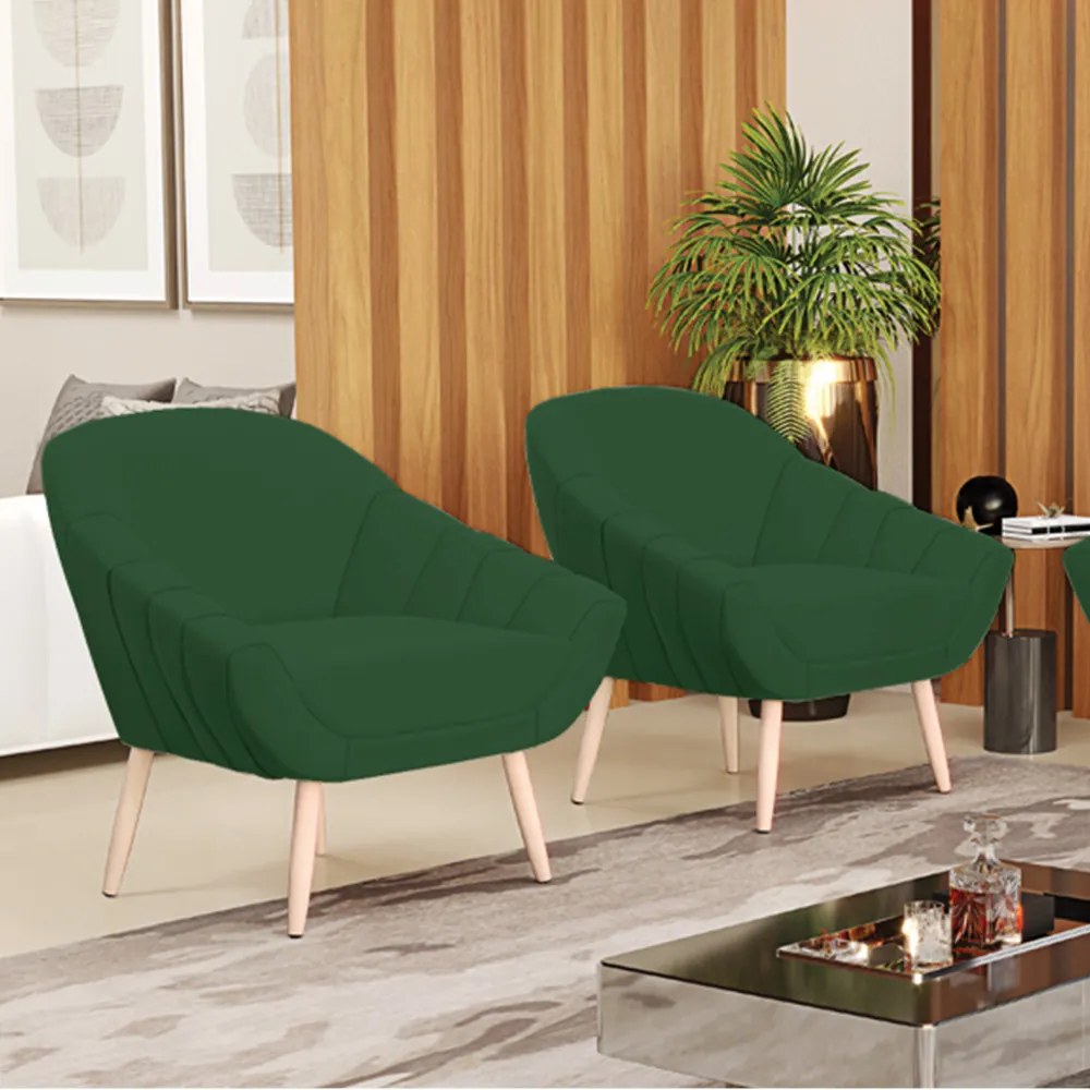 Kit 02 Poltronas Giovana Veludo Verde Pés Palito Natural - Indo Decorar