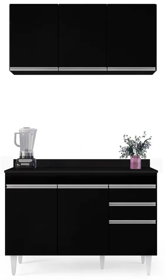 Kit Armário Aéreo e Balcão de Cozinha Lavanderia Dora com Tampo Preto 120 cm - D'Rossi