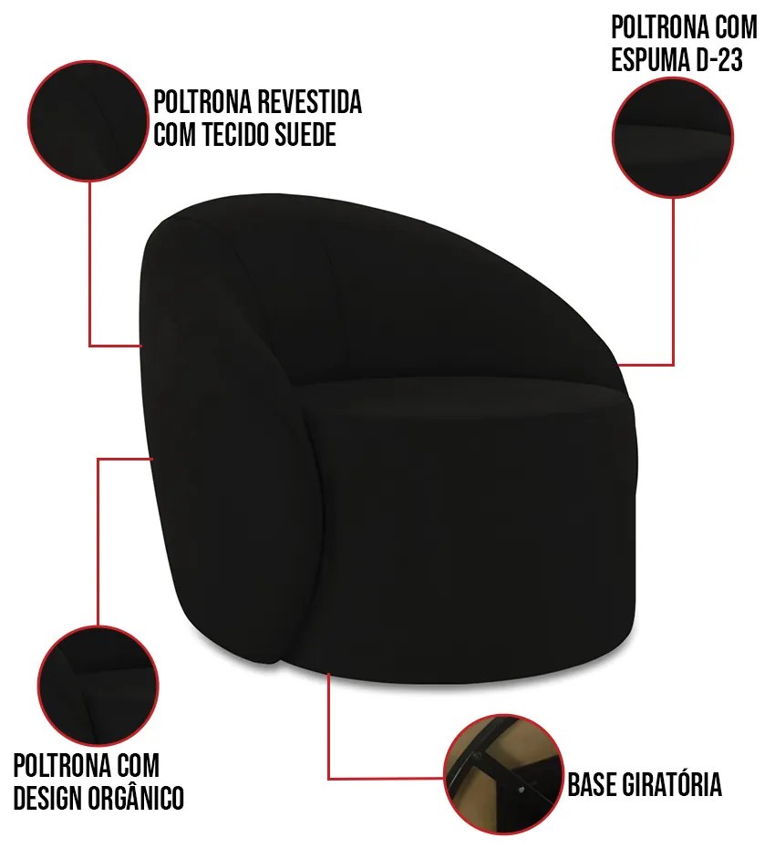 Poltrona Decorativa Orgânica Giratória Lua Suede D03 - D'Rossi - Preto