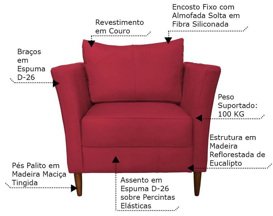 Kit 2 Poltronas Decorativa Sala de Estar Pés Palito Lubbock Couro Vermelho G58 - Gran Belo