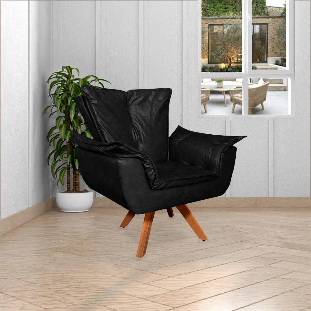 Poltrona Decorativa Base Giratória em Madeira Charger PU Preto G19 - Gran Belo