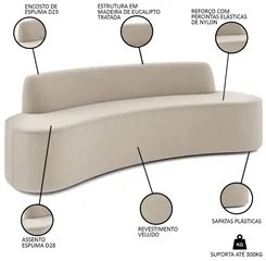 Sofá 3 Lugares para Sala de Estar Living 210cm Koane D06 Veludo Creme