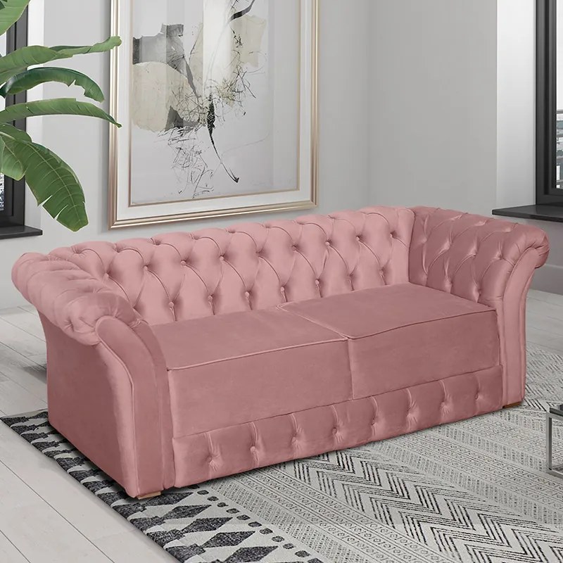 Namoradeira Sofá 2 Lugares Chesterfield Capitonê 186cm Veludo Rosa - Sheep Estofados - Rosa