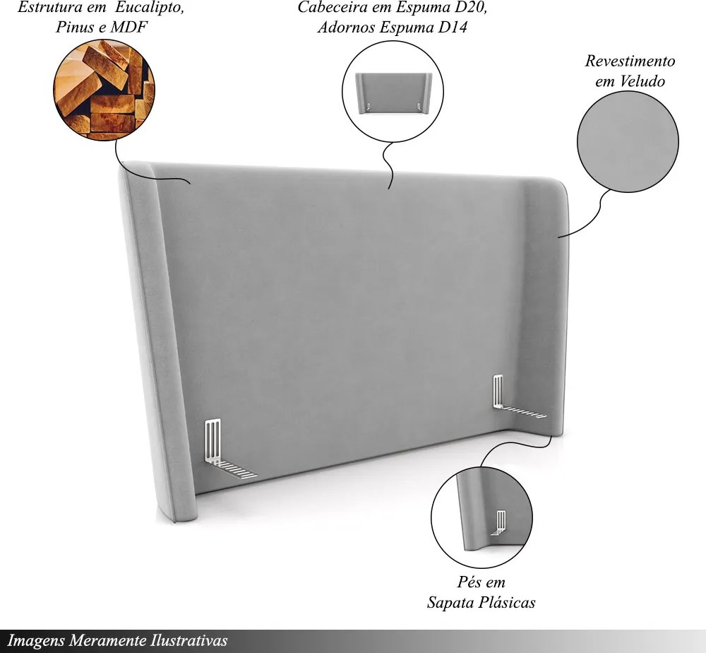 Cabeceira Design para Cama Casal Torres Pés em Madeira Veludo Cinza G91 - Gran Belo