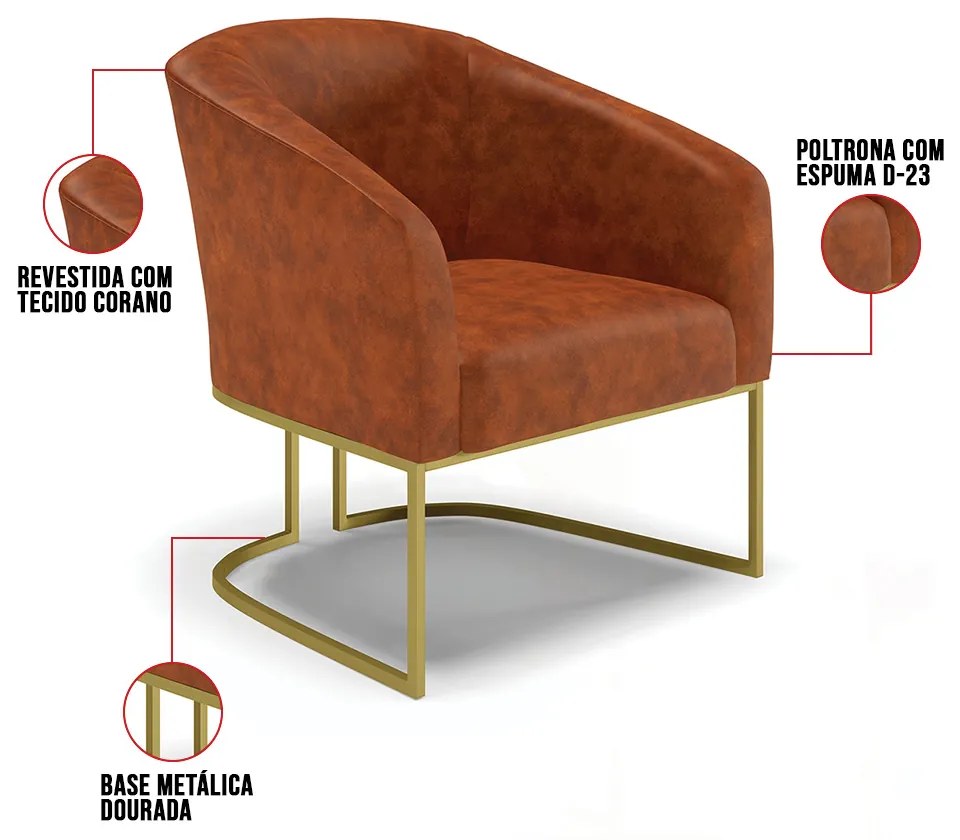 Poltrona Sala de Estar Industrial Dourada Stella Sintético PU Nozes D03 - D'Rossi