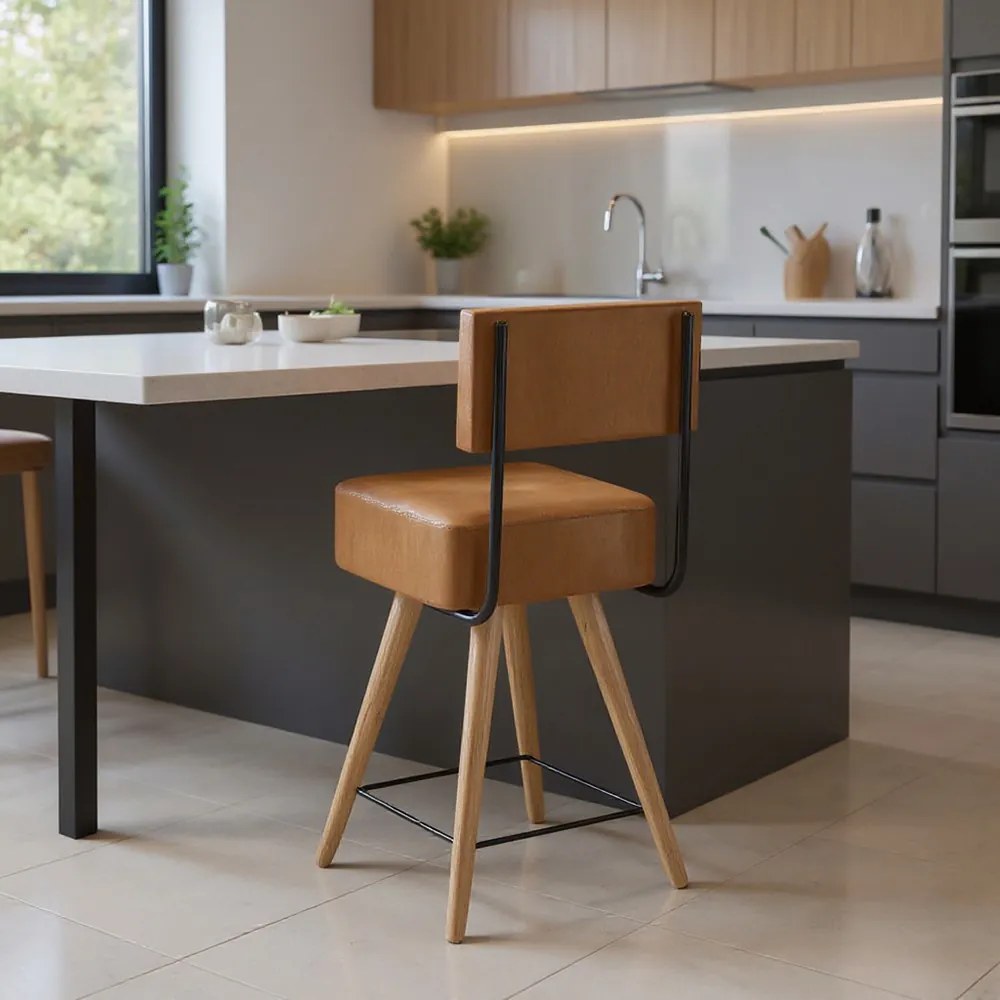 Banqueta Baixa Cozinha 50cm Encosto Pé Madeira Barcelona Pu S02 - D'Rossi - Caramelo