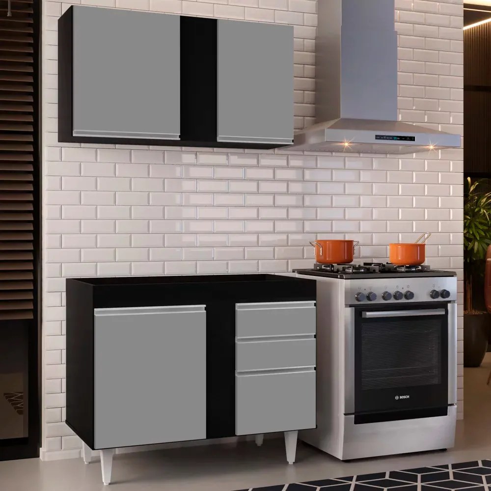 Kit Armário Aéreo e Balcão de Cozinha Lavanderia Aurora sem Tampo 100cm L06 - D'Rossi - Preto e Cinza