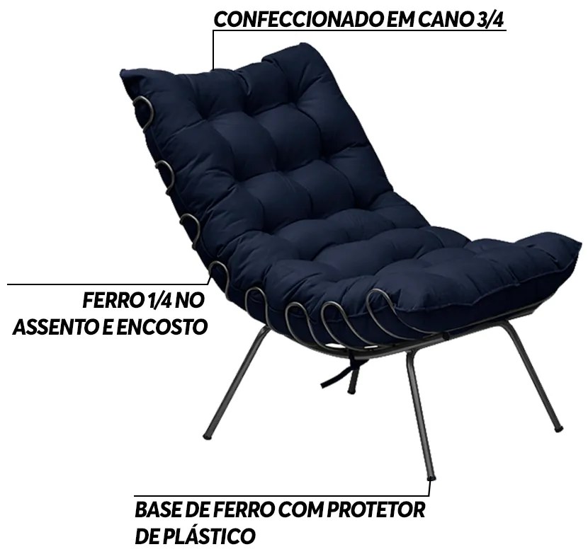 Poltrona Decorativa Sala de Estar Abel Base de Ferro Preta Veludo Azul G41 - Gran Belo