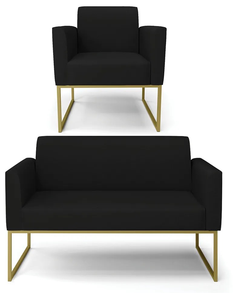 Sofá Namoradeira com Poltrona Base Industrial Dourado Marisa Linho D03 - D'Rossi - A79 Preto