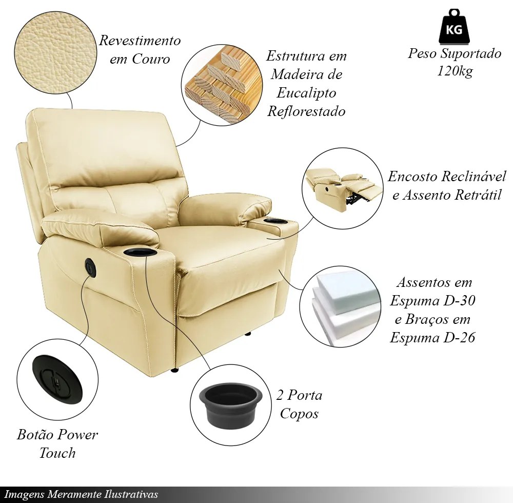 Poltrona do Papai Sala de Cinema Mia Reclinável Retrátil Power Elétrico Base Fixa Couro Creme G40 - Gran Belo