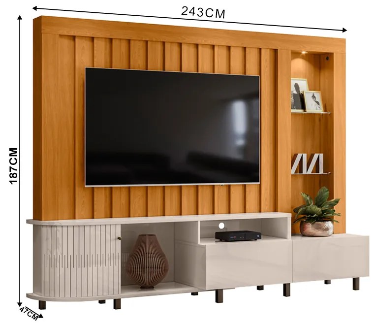 Estante de TV 70 Pol 243cm Ripado Sala de Estar Nivora M20 - D'Rossi - Cinamomo e Off White