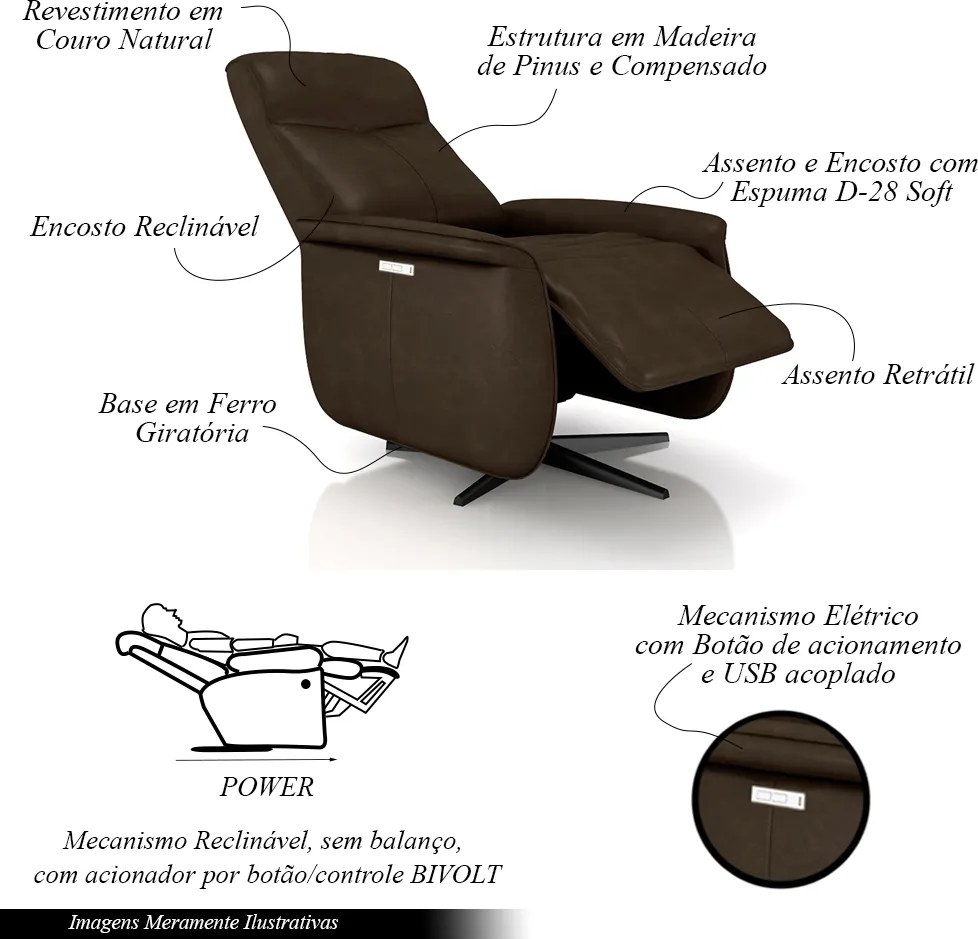 Poltrona do Papai Reclinável Power Elétrica Anakin Base Estrela Giratória USB Couro Marrom Cacau G76 - Gran Belo