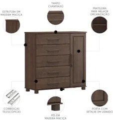 Cômoda Para Quarto 125cm 1 Porta 4 Gavetas Eduarda Café F07 - Mpozenat