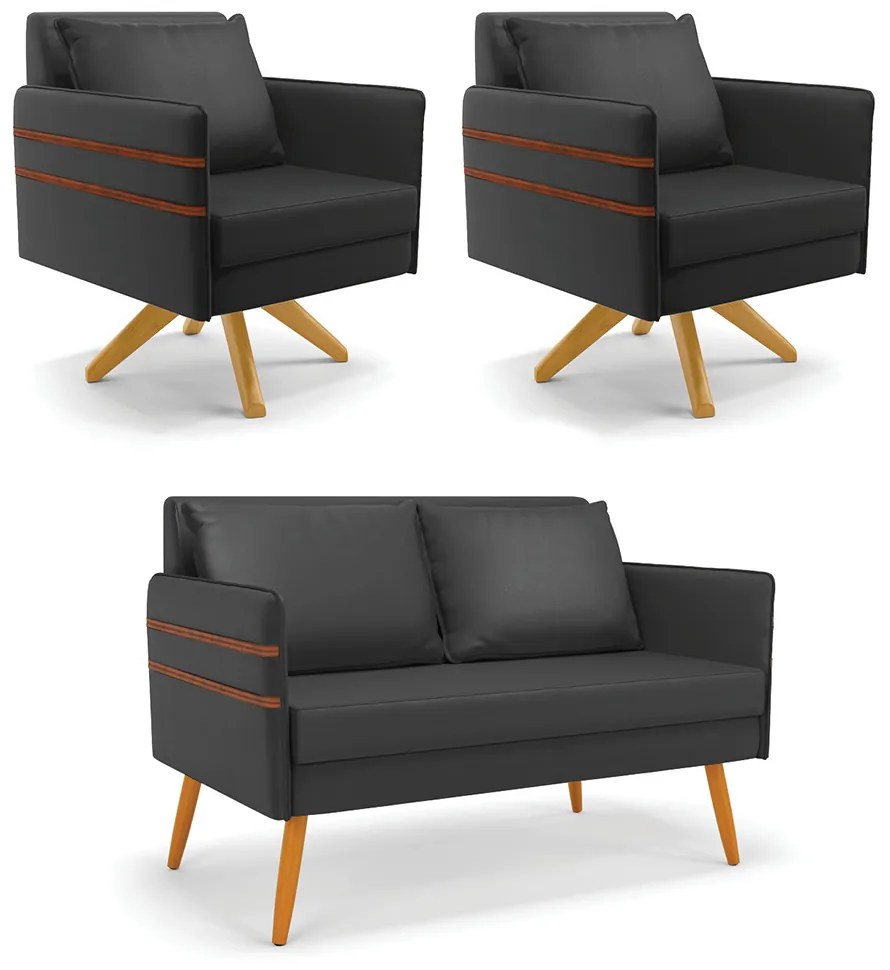 Kit 01 Namoradeira 02 Lugares e 02 Poltronas Mari Corino Base de Madeira MA30 - Preto